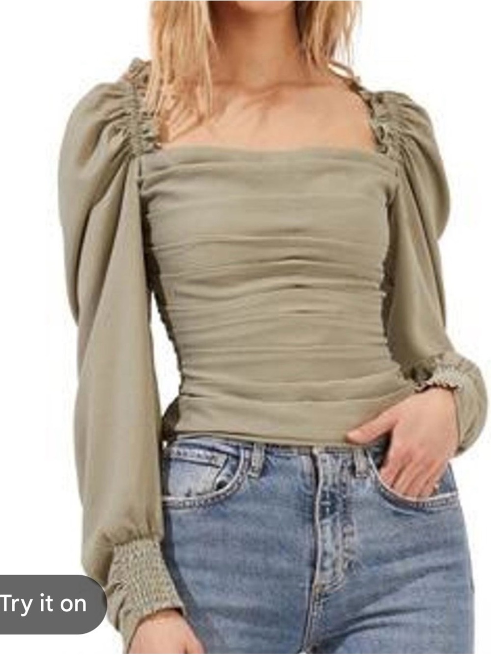 ASTR the Label Square Neck Puff Sleeve Smocked Blouse- Olive